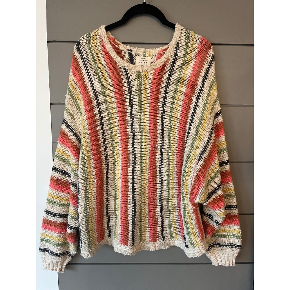 Billabong Colorful Striped Open Knit Sweater Boho Retro Relaxed Fit Large Cotton